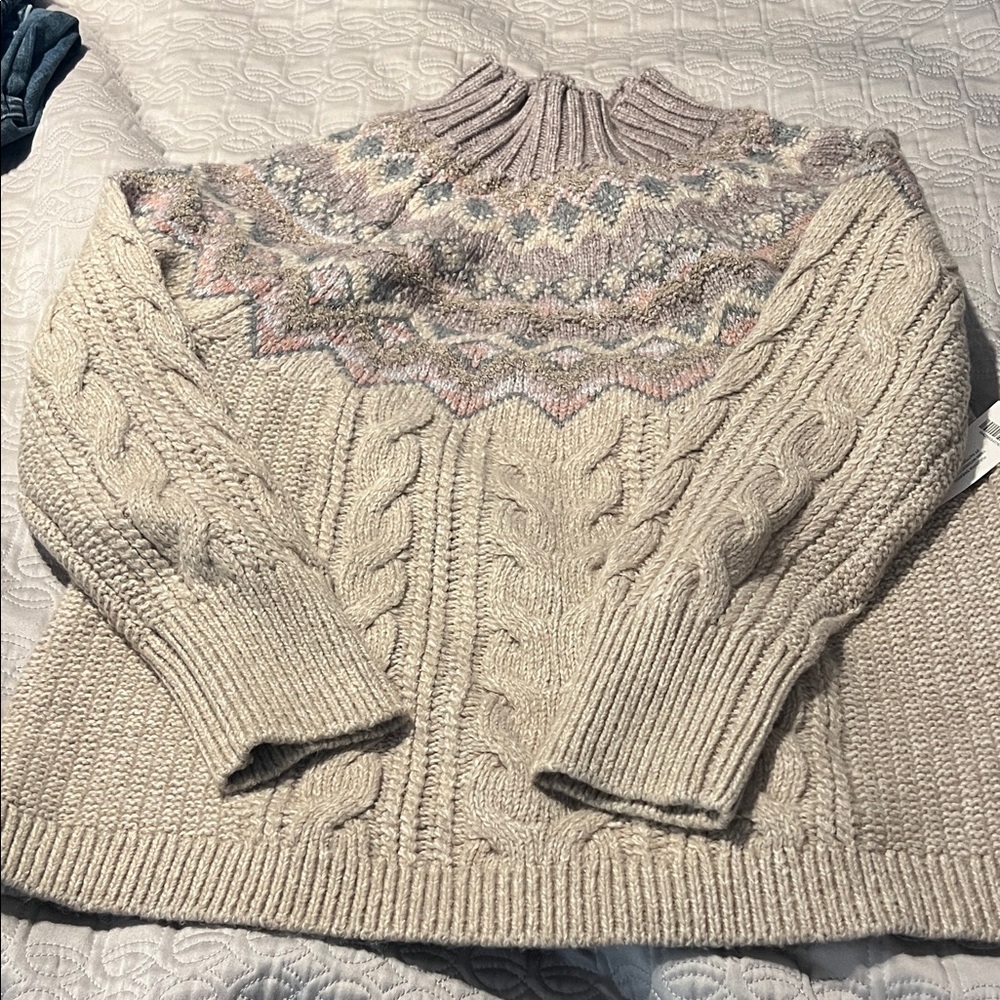 Chico's Beige and Pink Patterned Turtleneck Sweater
